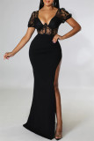Sexy Solid Patchwork See-through Backless Slit V Neck Evening Dress