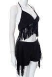 Sexy Solid Tassel Patchwork Halter Sleeveless Two Pieces