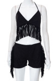 Sexy Solid Tassel Patchwork Halter Sleeveless Two Pieces