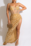 Sexy Solid Sequins Patchwork See-through Slit Spaghetti Strap Sling Dress Dresses