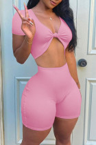 Sexy Solid Patchwork Knotted V Neck Short Sleeve Two Pieces