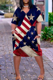 Casual Flag Stars Print Short Sleeve V Neck Plus Size African Loose Straight Midi Dress