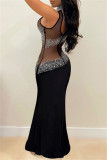 Fashion Sexy Patchwork Hot Drilling See-through Half A Turtleneck Evening Dress