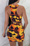 Fashion Casual Camouflage Print Hollowed Out O Neck Sleeveless Dress (Without Belt)