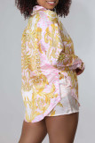 Casual Print Patchwork Buckle Turndown Collar Long Sleeve Two Pieces