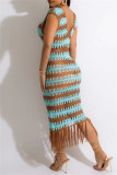Fashion Sexy Patchwork Tassel Hollowed Out See-through V Neck Vest Dress