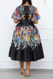 Fashion Casual Print Patchwork O Neck A Line Dresses (Without Belt)