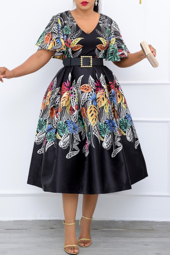 Fashion Casual Print Patchwork O Neck A Line Dresses (Without Belt)