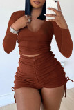 Fashion Casual Solid Fold O Neck Long Sleeve Two Pieces