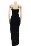 Fashion Sexy Patchwork Sequins See-through Backless Spaghetti Strap Irregular Dress