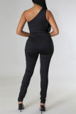 Fashion Sexy Patchwork Hot Drilling Hollowed Out Backless One Shoulder Skinny Jumpsuits