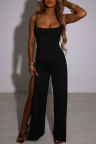 Sexy Solid Bandage Patchwork Backless Slit Spaghetti Strap Straight Jumpsuits