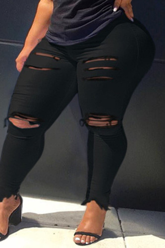 Fashion Casual Solid Ripped Plus Size Jeans