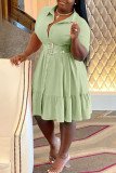 Casual Solid Patchwork Buckle Turndown Collar A Line Plus Size Dresses