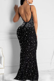 Fashion Sexy Patchwork Hot Drilling Backless Spaghetti Strap Evening Dress