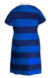 Fashion Casual Plus Size Striped Print Basic Turndown Collar Short Sleeve Dress
