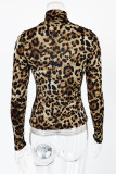 Fashion Casual Print Leopard Patchwork Turtleneck Tops