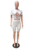 Fashion Casual Solid Bandage Hollowed Out O Neck Short Sleeve Two Pieces