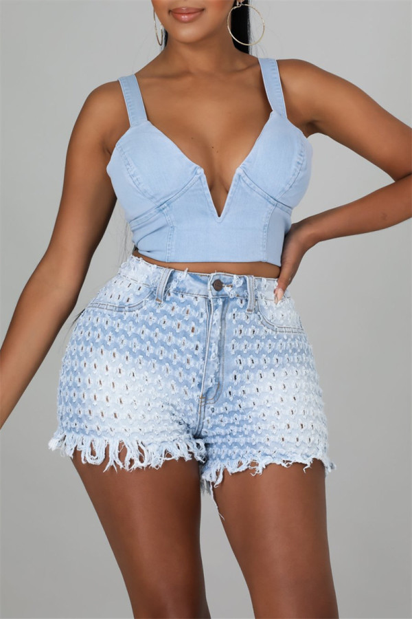 Fashion Casual Solid Ripped Hollowed Out High Waist Skinny Denim Shorts