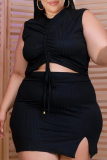 Sexy Solid Draw String V Neck Plus Size Two Pieces