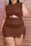 Sexy Solid Draw String V Neck Plus Size Two Pieces