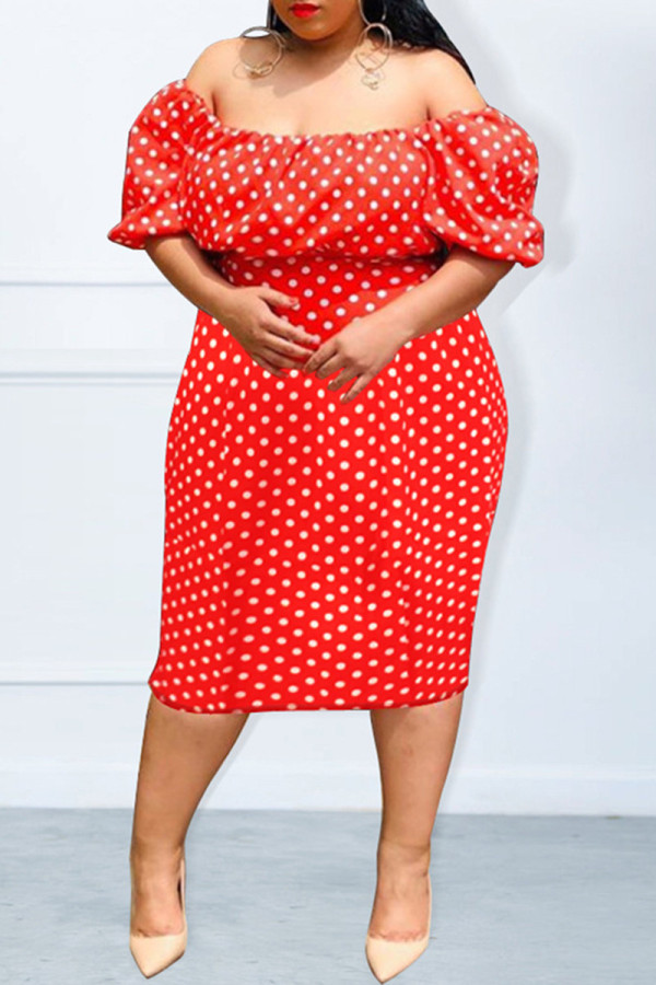 Fashion Casual Plus Size Dot Print Backless Off the Shoulder Short Sleeve Dress