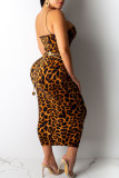 Sexy Print Leopard Patchwork Spaghetti Strap One Step Skirt Dresses(Without Belt)