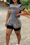 Fashion Casual Letter Print Leopard Patchwork O Neck Short Sleeve Two Pieces