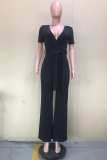 Fashion Solid Patchwork V Neck Straight Jumpsuits