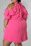 Fashion Casual Plus Size Solid Hollowed Out Turtleneck Short Sleeve Dress