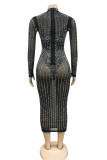 Fashion Sexy Patchwork Hot Drilling Hollowed Out See-through Half A Turtleneck Long Sleeve Dresses