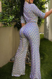 Fashion Casual Print Patchwork Buckle Turndown Collar Straight Jumpsuits(Without Belt)