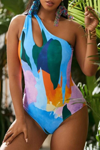 Fashion Sexy Print Hollowed Out Backless One Shoulder Plus Size Swimwear (With Paddings)