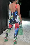 Fashion Sexy Print Hollowed Out Backless V Neck Skinny Jumpsuits