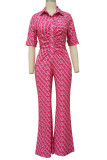 Fashion Casual Print Patchwork Buckle Turndown Collar Straight Jumpsuits(Without Belt)
