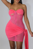 Fashion Sexy Patchwork Solid See-through Backless Strapless Sleeveless Two Pieces