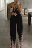 Fashion Casual Print Backless Oblique Collar Regular Jumpsuits