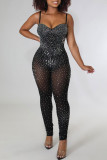 Fashion Sexy Patchwork Hot Drilling See-through Backless Spaghetti Strap Skinny Jumpsuits