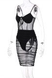 Fashion Sexy Solid Patchwork See-through Backless Spaghetti Strap Sleeveless Dress
