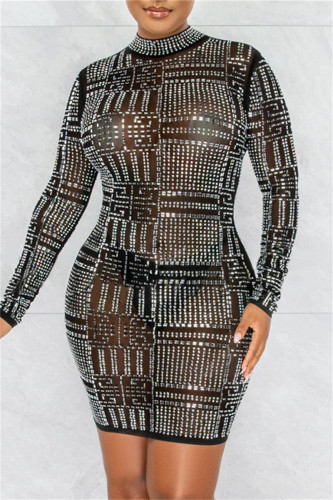Fashion Sexy Patchwork Hot Drilling See-through Half A Turtleneck Long Sleeve Dresses