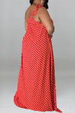 Casual Print Polka Dot Bandage Patchwork Oblique Collar A Line Plus Size Dresses