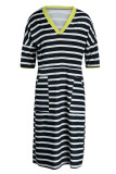 Fashion Casual Striped Print Patchwork V Neck Short Sleeve Dress Dresses