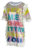 Fashion Casual Letter Print Sequins Patchwork O Neck Dresses