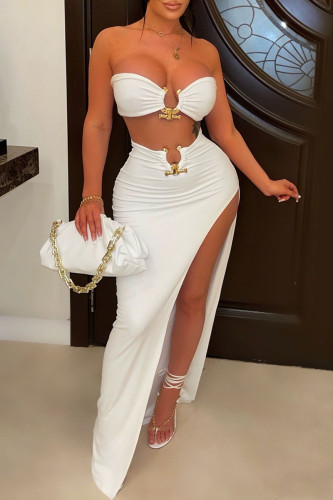 Sexy Solid Patchwork Slit Strapless Sleeveless Two Pieces