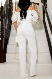 Elegant Solid Hollowed Out Patchwork Off the Shoulder Straight Jumpsuits