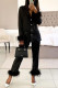 Casual Print Patchwork Buckle Feathers Turn-back Collar Long Sleeve Two Pieces