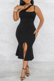 Fashion Sexy Solid Hollowed Out Backless Slit One Shoulder Evening Dress
