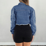 Casual Solid Patchwork Buckle Chains Turndown Collar Long Sleeve Straight Denim Jacket