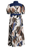 Casual Print Patchwork Buckle Turndown Collar Straight Plus Size Dresses