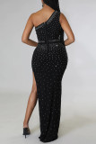 Sexy Patchwork See-through Backless Slit One Shoulder Evening Dress